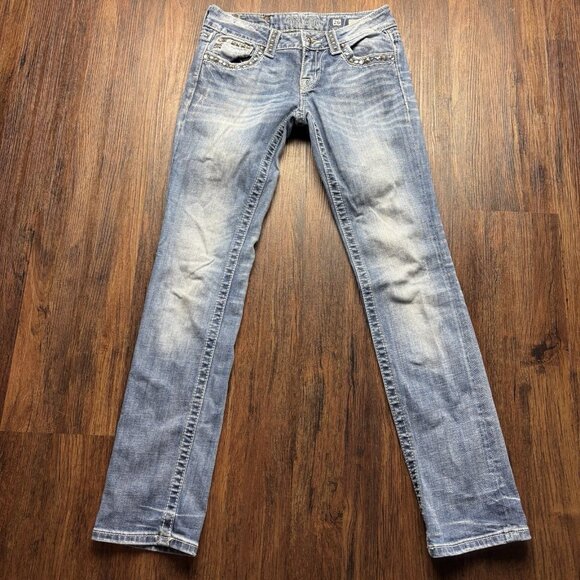Miss Me Denim - Miss Me Straight Jeans Studded Rhinestones Distressed Light Wash Women’s Size 26